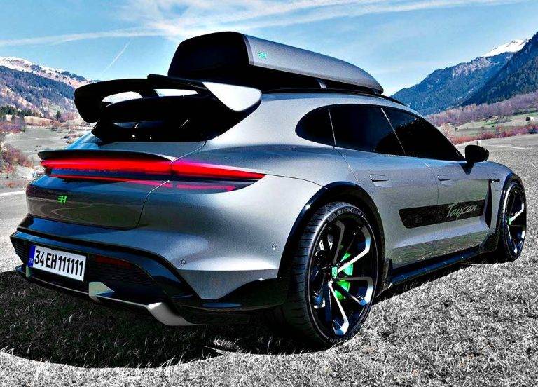orsche Taycan by emrEHusmen® “I also had this 3D model in my database for one of my clients’ project and I decided to see how my 24” Turbo wheel design would look on it. I think it looks great along with additional custom parts like; hood and side decals, roof box and rear spoilers. My own spec’d Porsche Taycan Cross Turismo looks ready for long road-trips around the beautiful Alps and Europe