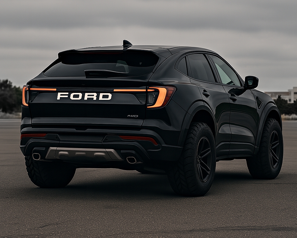 Ford Apex Raptor concept SUV rear three-quarter view with sporty diffuser, LED taillights, and coupe-style roofline in a rugged mountain background.