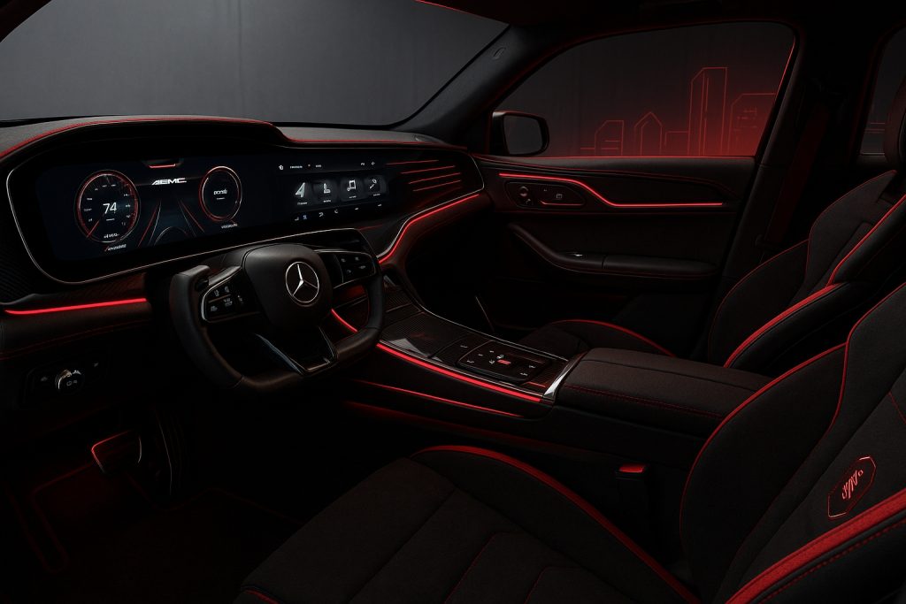 Luxurious and high-tech cabin of the Mercedes-AMG G-Class Concept SUV designed by AutoLux, featuring a panoramic display, ambient lighting, and carbon-fiber accents.