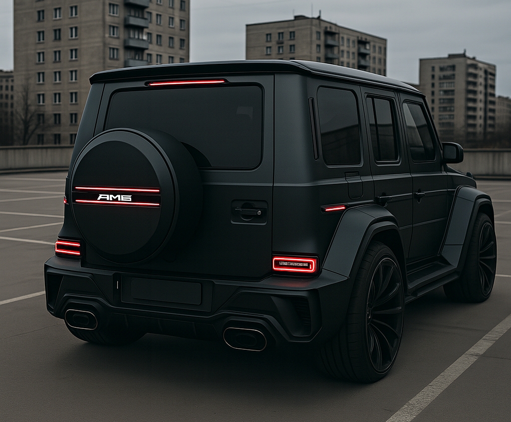 Back three-quarter view of the Mercedes-AMG G-Class Concept by AutoLux, highlighting custom taillights, flared fenders, and a muscular rear diffuser design.