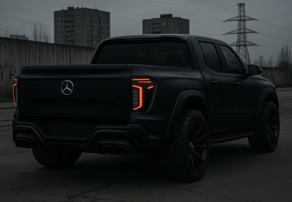 Rear angle of the Mercedes GAX 900 Pickup Concept featuring quad exhausts, LED tail lights, and muscular design – concept vehicle by Autolux.