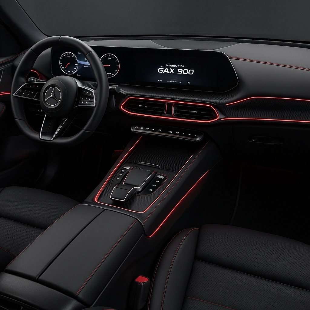 Futuristic interior of the Mercedes GAX 900 Pickup Concept with digital dashboard, ambient lighting, and luxury seats – crafted by Autolux.