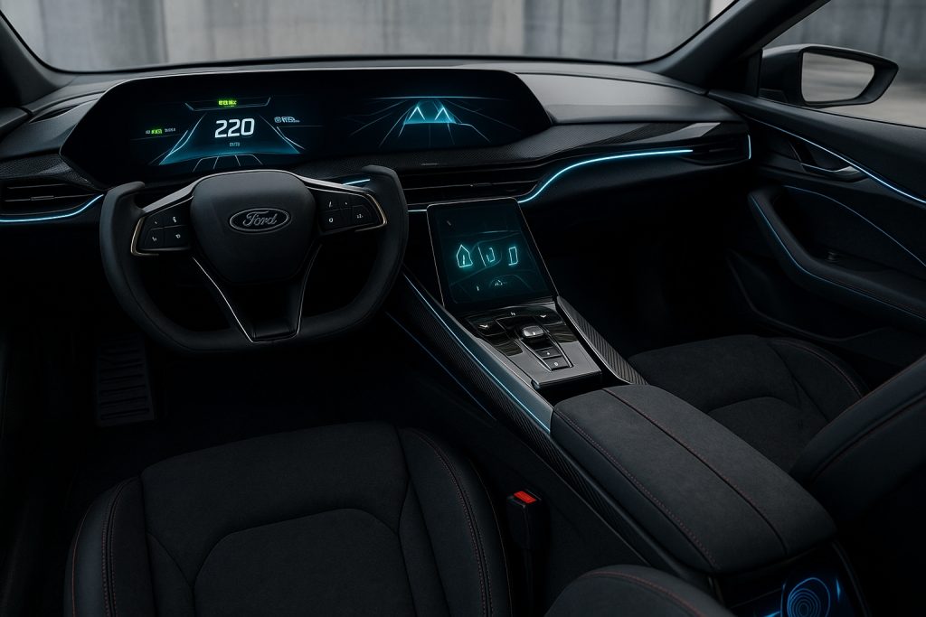 High-tech interior of the Ford Apex Raptor concept with large dual digital displays, futuristic steering wheel, ambient lighting, and leather-trimmed seats.